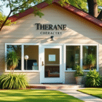 Serene therapy center exterior with natural lighting surrounded by lush greenery and peaceful atmosphere no text no words no letters