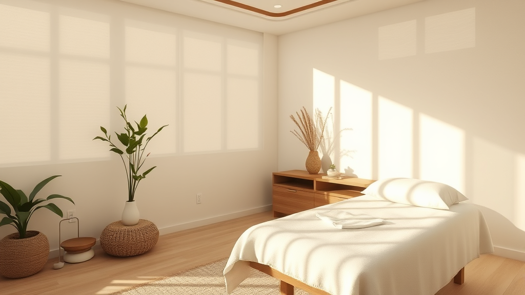 Calm treatment room with soft lighting natural elements and healing ambiance creating peaceful therapeutic environment no text no words no letters