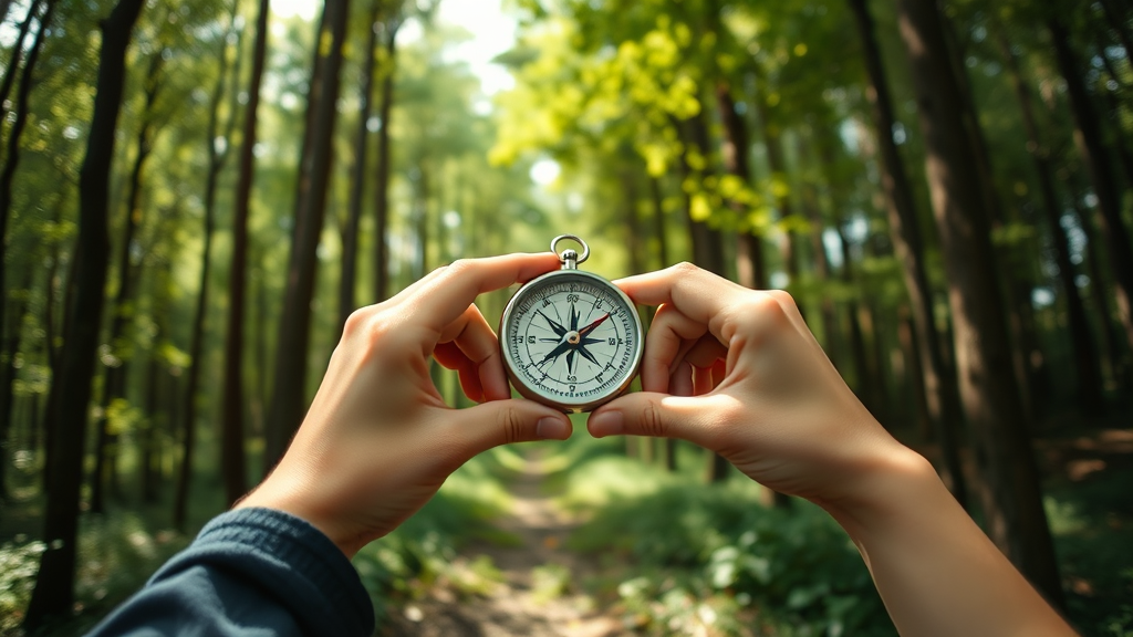 Gentle hands holding compass in serene forest setting with dappled sunlight showing guidance and direction no text no words no letters