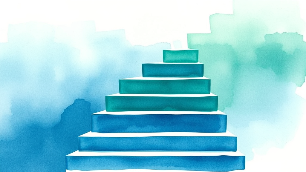Abstract watercolor painting of ascending steps in soft blues and greens representing personal growth and progress no text no words no letters