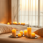Peaceful spa setting with soft candlelight warm golden tones comfortable cushions serene atmosphere no text no words no letters