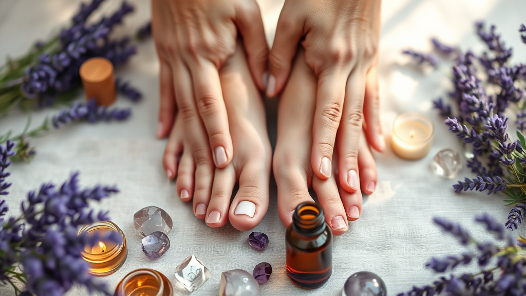 Gentle healing hands working on feet surrounded by calming elements lavender oils crystals soft natural lighting no text no words no letters
