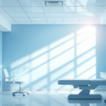 Peaceful medical setting with soft natural lighting and calming blue tones representing healing and hope no text no words no letters