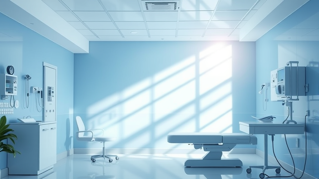 Peaceful medical setting with soft natural lighting and calming blue tones representing healing and hope no text no words no letters