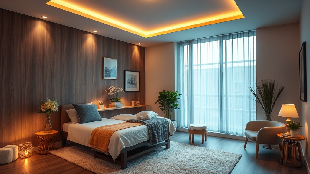 Serene therapy room with warm lighting and comfortable atmosphere conveying care and professionalism no text no words no letters