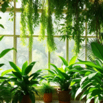 Peaceful indoor space with abundant green plants filtering soft natural light creating serene therapeutic atmosphere no text no words no letters