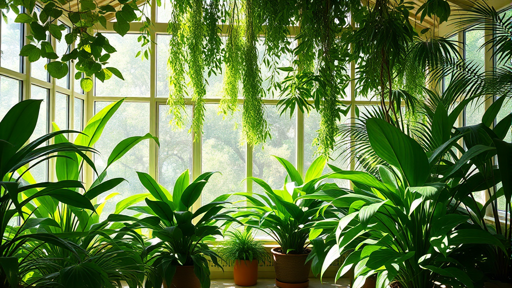 Peaceful indoor space with abundant green plants filtering soft natural light creating serene therapeutic atmosphere no text no words no letters