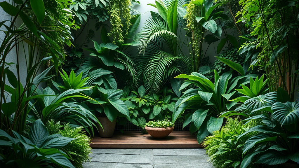 Tranquil meditation corner surrounded by lush green foliage with soft diffused lighting promoting relaxation and healing no text no words no letters