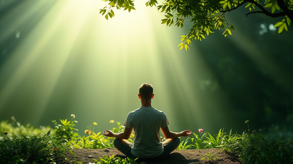 Serene person meditating under soft green light in peaceful setting with plants calm atmosphere no text no words no letters