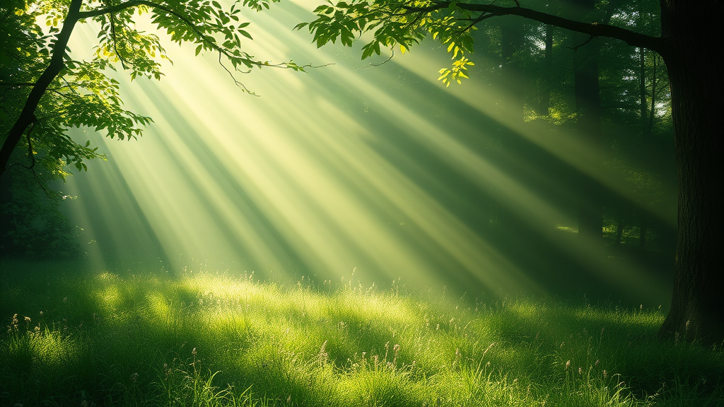 Abstract green light rays flowing through tranquil nature scene with soft shadows peaceful wellness concept no text no words no letters