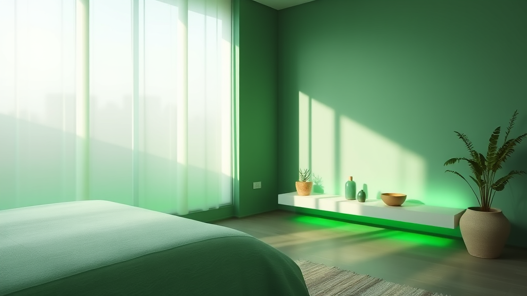 Gentle green illumination creating calming ambiance in minimalist therapy room with natural elements serenity focus no text no words no letters