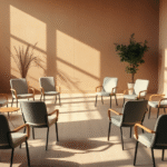 Peaceful therapy circle with empty chairs in warm natural lighting, soft earth tones, calming atmosphere, no text no words no letters