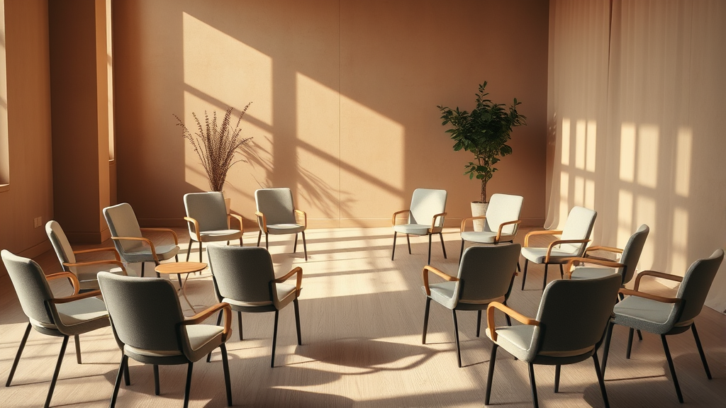 Peaceful therapy circle with empty chairs in warm natural lighting, soft earth tones, calming atmosphere, no text no words no letters