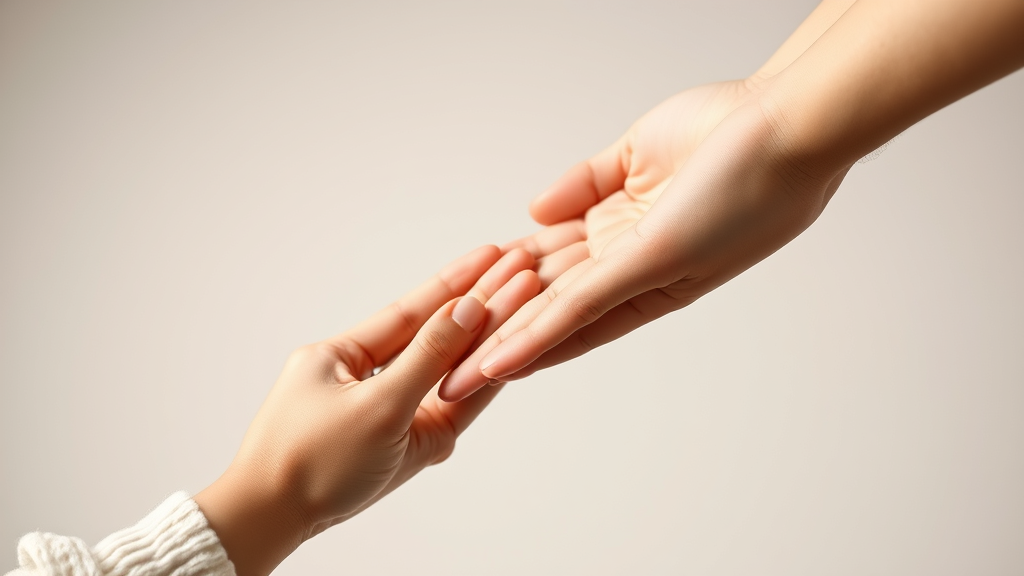 Gentle hands reaching toward each other in supportive gesture, soft pastel colors, healing connection concept, no text no words no letters