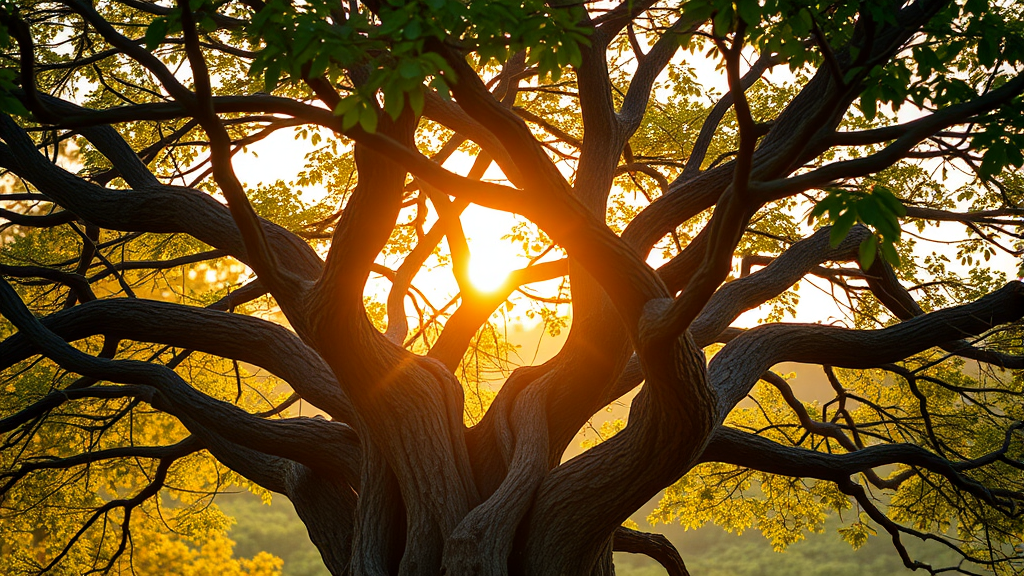 Serene nature scene with intertwining tree branches, golden hour lighting, growth and connection symbolism, no text no words no letters
