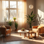 Peaceful therapy office with soft natural lighting warm colors comfortable seating plants creating welcoming professional atmosphere no text no words no letters