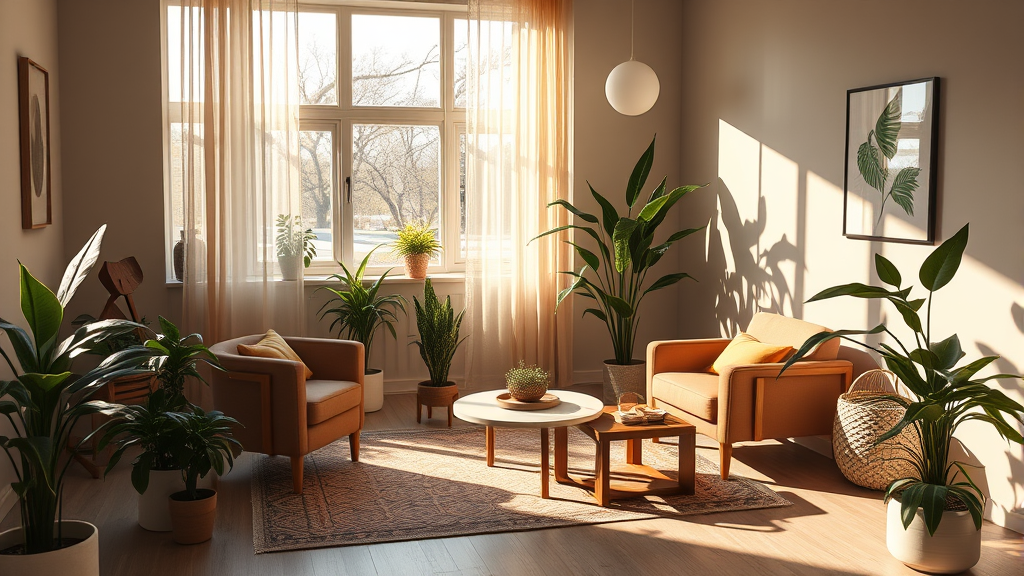 Peaceful therapy office with soft natural lighting warm colors comfortable seating plants creating welcoming professional atmosphere no text no words no letters