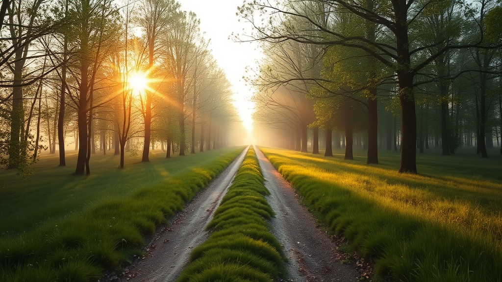 Serene nature scene with path leading forward symbolizing career journey soft morning light through trees representing hope and direction no text no words no letters