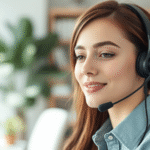 Peaceful customer service representative with headset in calming office environment soft natural lighting wellness focused no text no words no letters