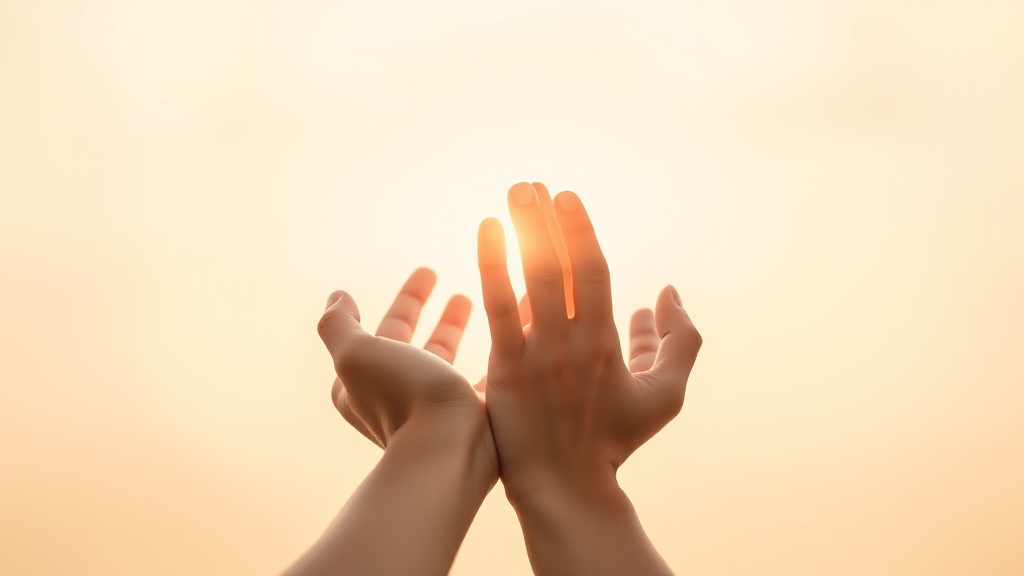 Tranquil hands reaching toward light representing help and support with soft warm colors and peaceful atmosphere no text no words no letters
