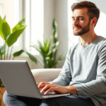 Peaceful person using laptop in bright modern room with plants, soft natural lighting, mental wellness technology concept, no text no words no letters