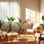 Peaceful therapist office with soft natural lighting, comfortable seating, plants, warm colors, serene atmosphere, no text no words no letters