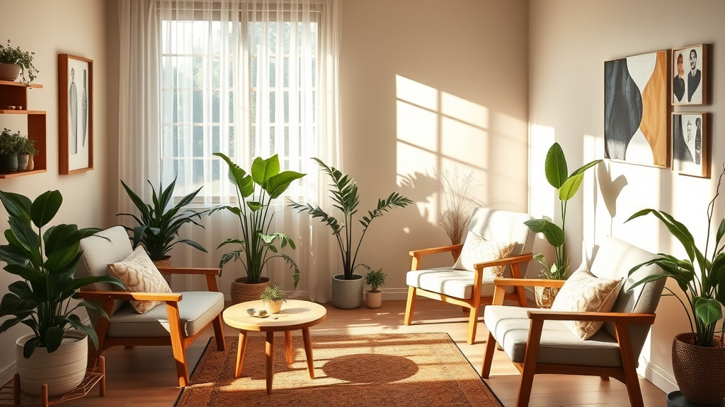 Peaceful therapist office with soft natural lighting, comfortable seating, plants, warm colors, serene atmosphere, no text no words no letters