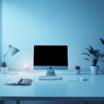 Serene digital workspace with soft blue lighting, minimalist design, calming atmosphere, mental wellness concept, no text no words no letters