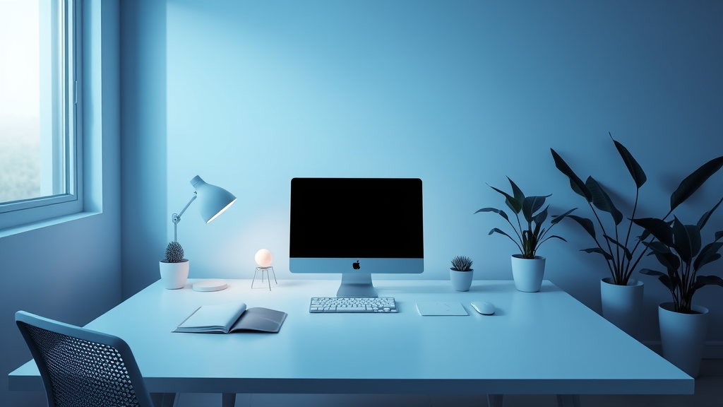 Serene digital workspace with soft blue lighting, minimalist design, calming atmosphere, mental wellness concept, no text no words no letters