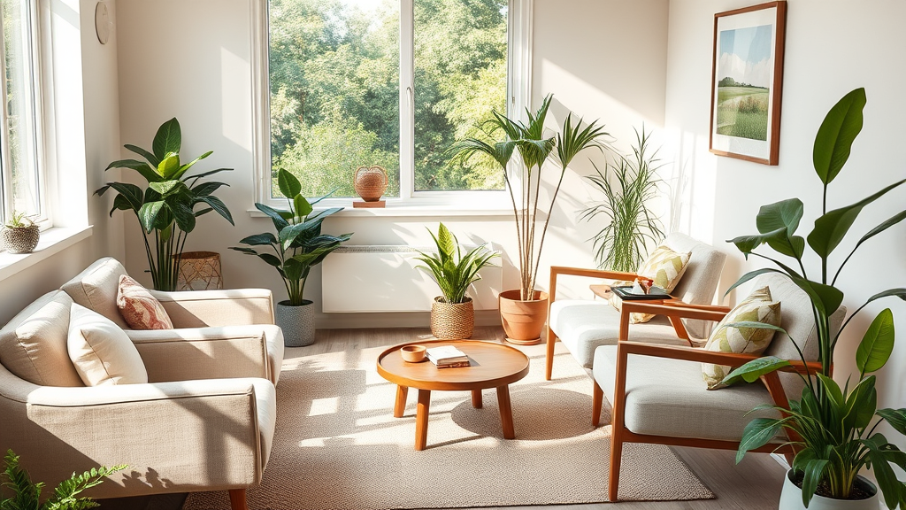 Peaceful therapy office setting with natural lighting, comfortable seating, plants, warm colors, professional atmosphere, no text no words no letters