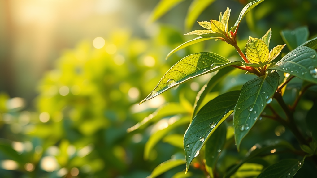 Tranquil nature scene suggesting renewal and healing with dewdrops on leaves in soft morning light no text no words no letters