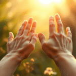 Gentle healing hands reaching toward soft golden light with peaceful botanical elements and serene atmosphere no text no words no letters