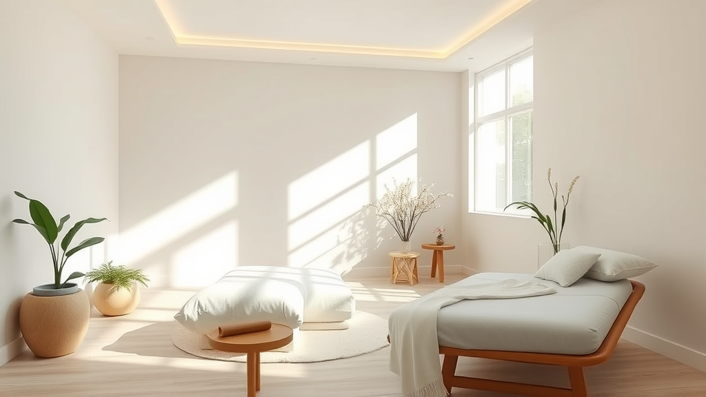 Calm therapy room with natural lighting soft textures and healing ambiance representing wellness and therapeutic care no text no words no letters