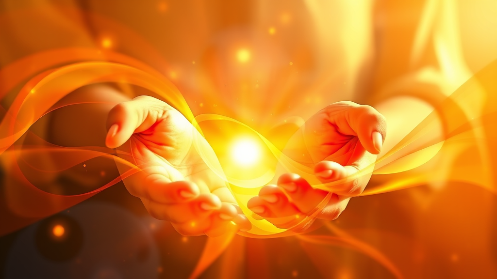 Abstract representation of healing energy flowing through gentle hands with warm colors and peaceful meditation concept no text no words no letters