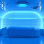 Peaceful hyperbaric chamber with soft lighting and calming blue tones representing healing and wellness no text no words no letters