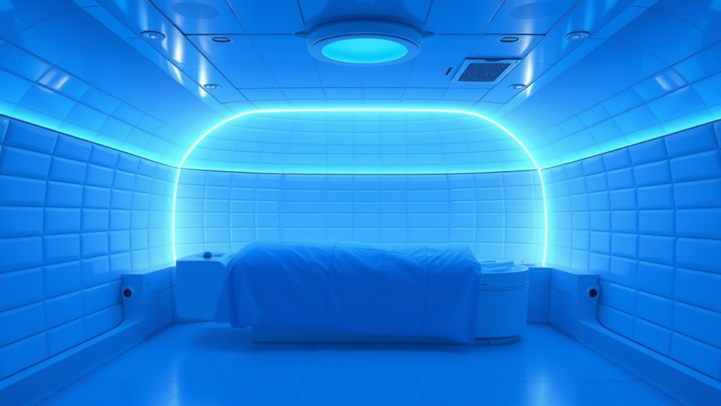 Peaceful hyperbaric chamber with soft lighting and calming blue tones representing healing and wellness no text no words no letters
