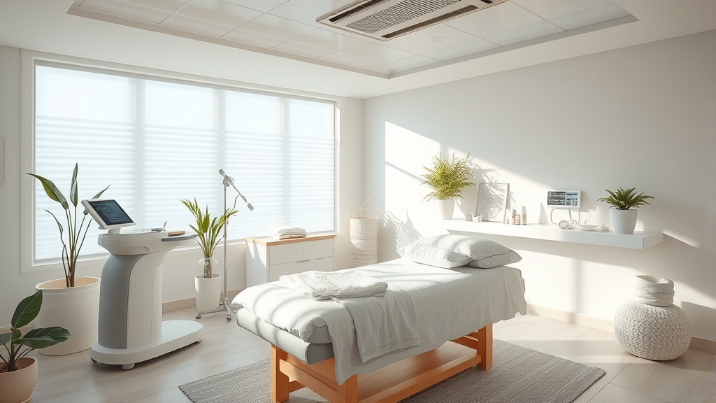 Serene medical spa environment with natural lighting and therapeutic equipment representing recovery and health no text no words no letters