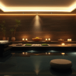 Peaceful spa environment with soft lighting, bamboo elements, water features, serene atmosphere, wellness concept, no text no words no letters