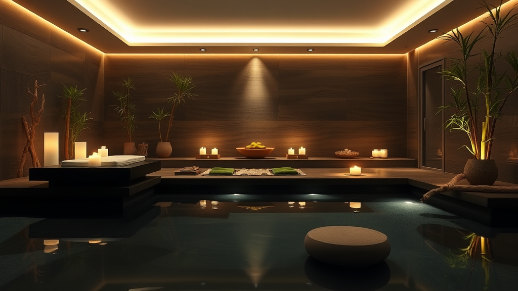 Peaceful spa environment with soft lighting, bamboo elements, water features, serene atmosphere, wellness concept, no text no words no letters
