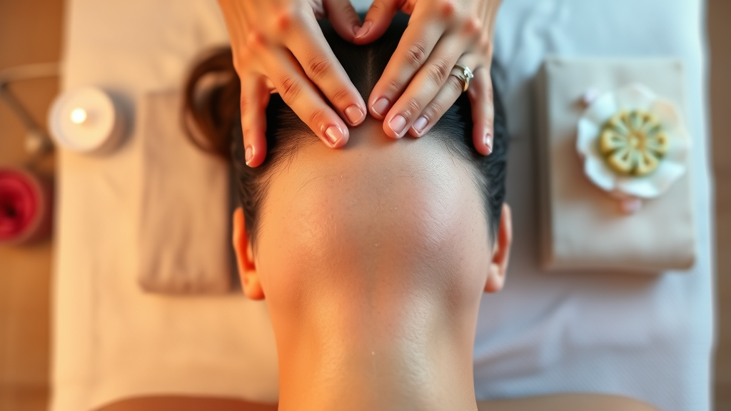 Gentle hands performing scalp massage, calming colors, therapeutic setting, relaxation focus, wellness imagery, no text no words no letters