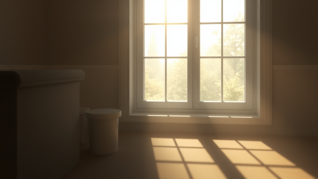 Soft morning light through window with gentle shadows, pastel colors, peaceful indoor scene representing hope and healing, no text no words no letters