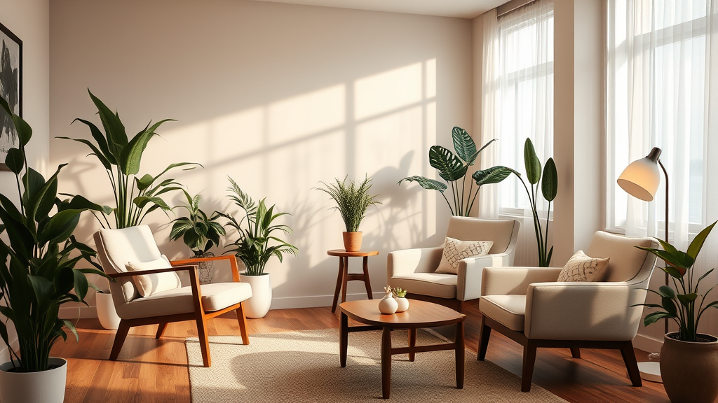 Serene therapy office setting with comfortable chairs, warm lighting, plants, creating safe supportive atmosphere, no text no words no letters
