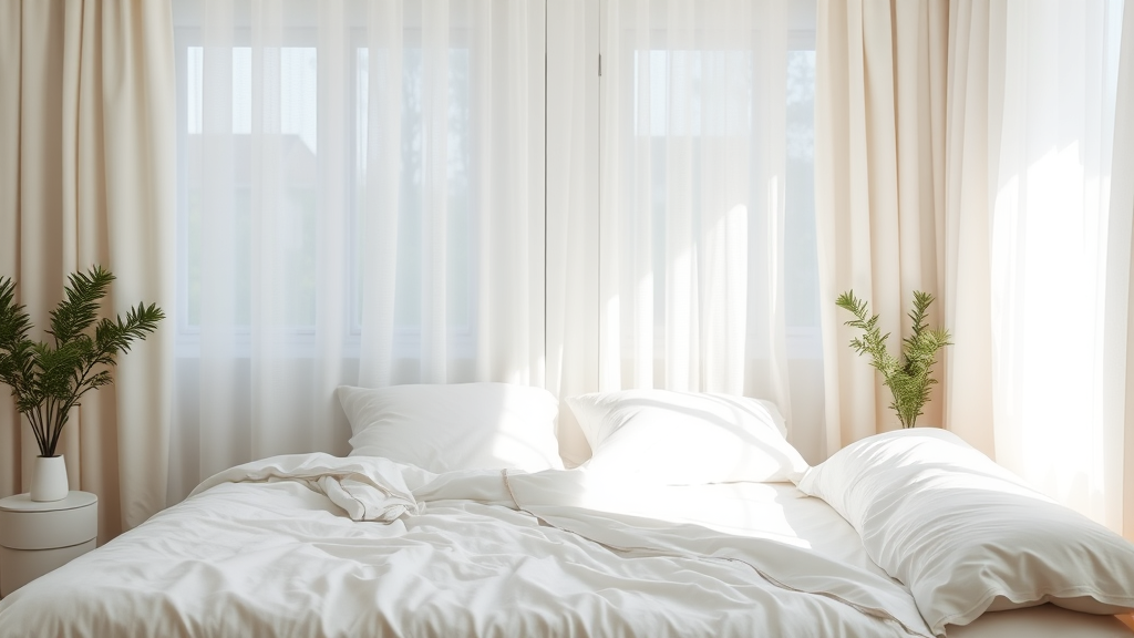 Peaceful bedroom with soft morning light streaming through curtains, clean white bedding, calming atmosphere, serenity and rest, no text no words no letters