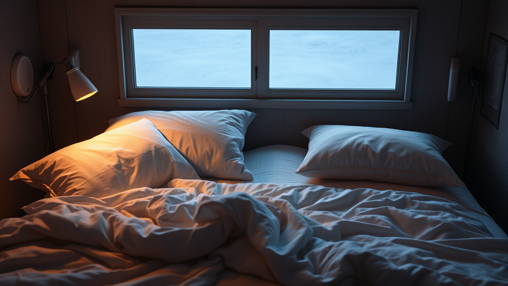 Tranquil sleeping environment with soft pillows and blankets, safety and comfort, peaceful rest sanctuary, warm lighting, no text no words no letters