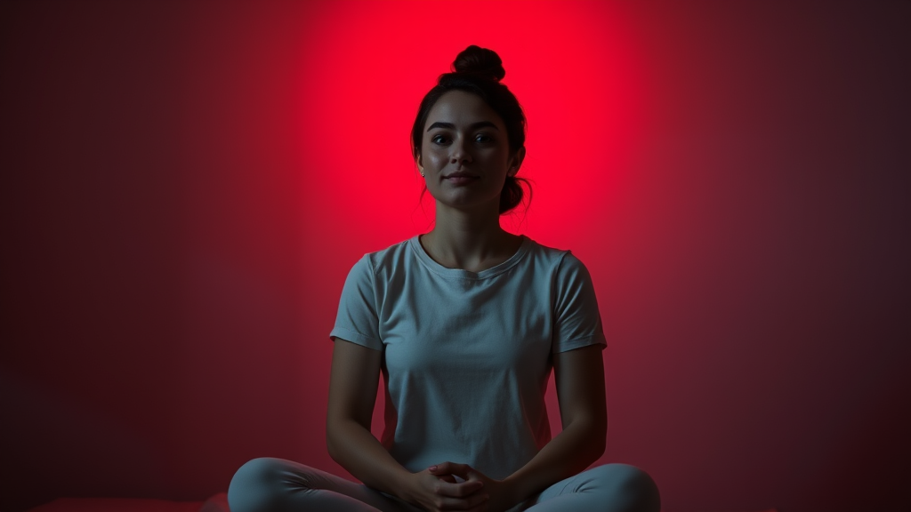 Peaceful person sitting in gentle red light glow, serene expression, soft natural lighting, wellness concept, calming atmosphere, no text no words no letters