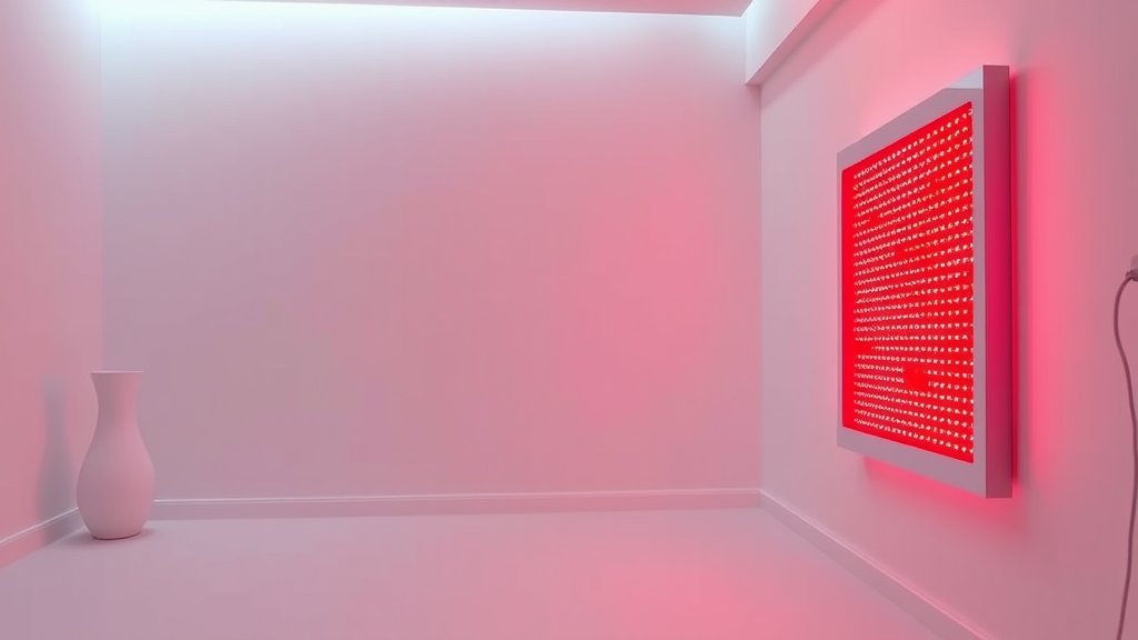 Modern red light therapy panel in minimalist room, warm therapeutic glow, clean aesthetic, healing environment, professional setting, no text no words no letters