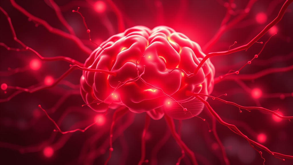 Abstract representation of brain neurons with gentle red light rays, peaceful energy flow, mental clarity concept, soft illumination, no text no words no letters