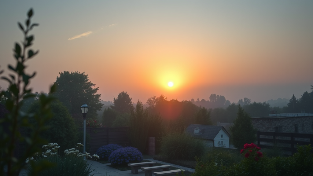 Gentle sunrise over peaceful therapy garden with soft lighting and calming blue tones representing hope and healing no text no words no letters