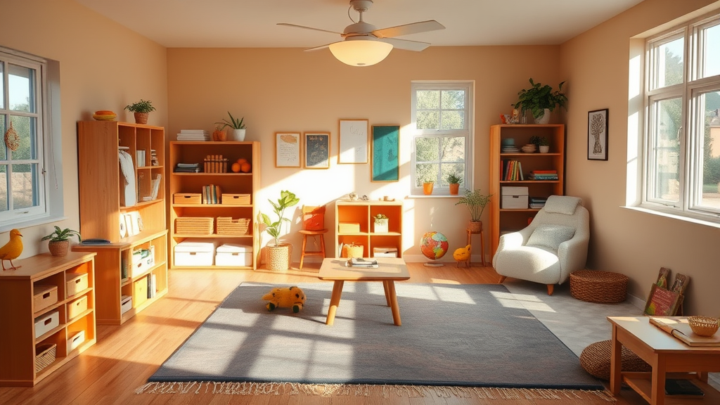 Serene therapy room with natural lighting warm colors and organized learning materials creating peaceful learning environment no text no words no letters
