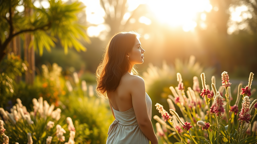 Serene woman in peaceful garden setting with soft morning light, wellness and balance concept, calming natural colors, no text no words no letters